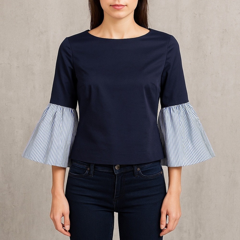 Ted Baker 0 Jesieh Navy Blue Poplin Cropped Top‎ Striped Bell Sleeves